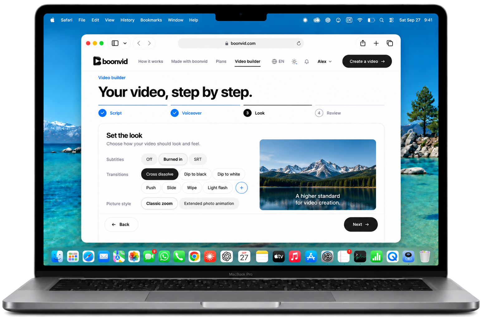 boonvid Video Builder: Set the look — Burned in, Cross dissolve, Classic zoom