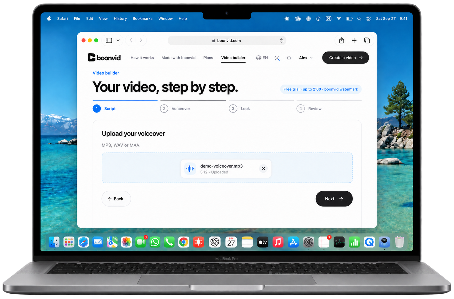 boonvid Video Builder in Safari on a MacBook: the voiceover demo-voiceover.mp3 has been uploaded